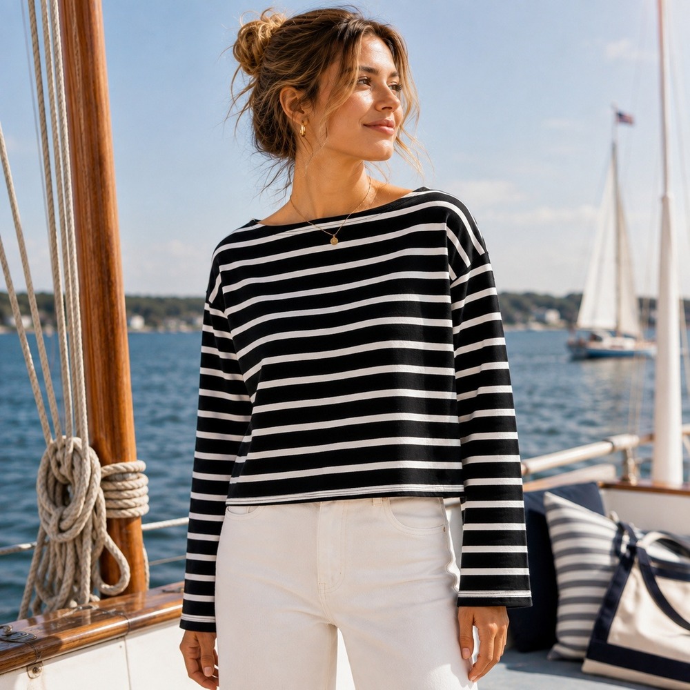 J.Crew Cropped Boatneck Striped Top Mariner Cotton Size XS Breton Coastal Preppy